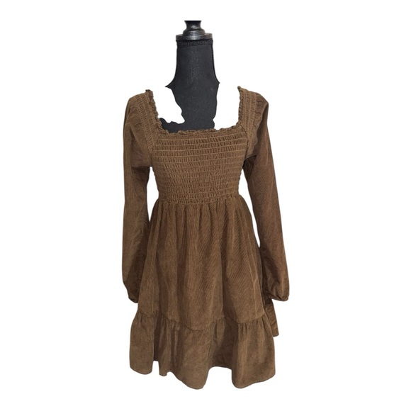 AE Long-Sleeve Smocked Corduroy Mini Dress NWOT - Picture 2 of 5